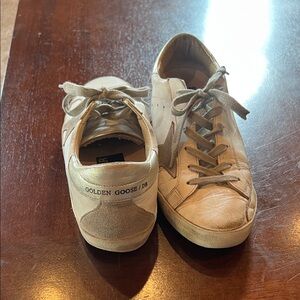 Authenticated Golden Goose Cream and Gold Leather Low-Top Sneakers